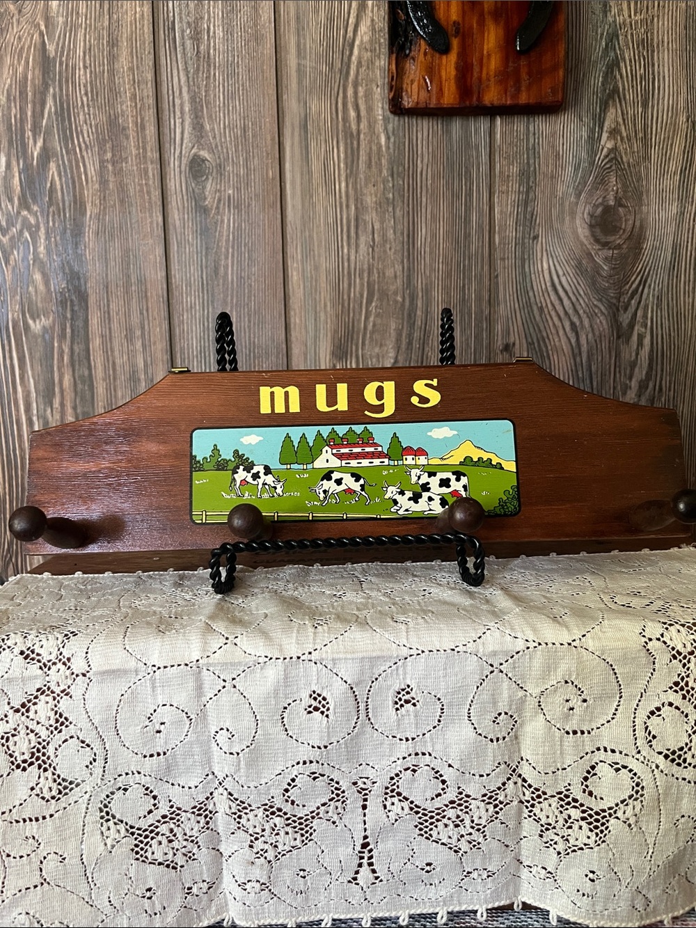 Vintage Wood 'mugs' Wall Rack with Cow Farm Artwork - Brown